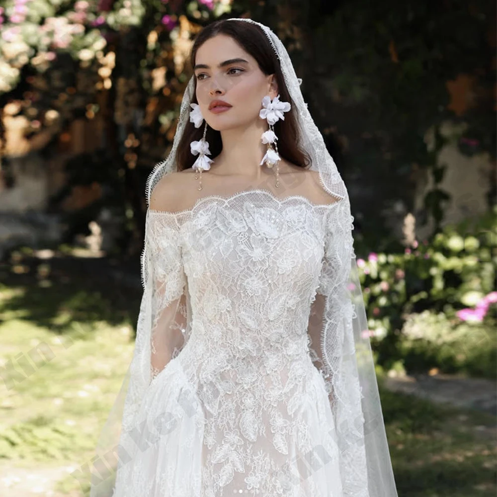 Elegant Women's Bridal Gowns Lace Gorgeous Long Sleeve A-line Princess Ball Wedding Dress Formal Party Customized robe de mariée