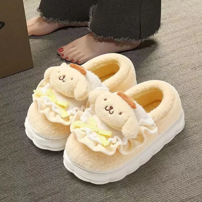 Sanrio Kulomie Winter Plush Warm Women's Cotton Slippers Cute Pudding Dog Bag Heel Platform Non-Slip Home Cotton Shoes