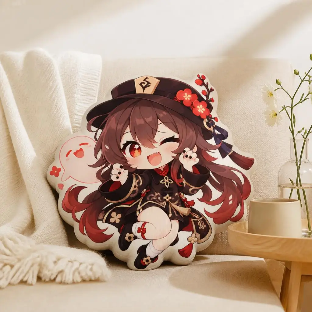 Genshins Chibi Hu‑Tao Stylized Illustration Shaped Pillow Cushion Irregular Stuffed Throw Pillows for Sofa Home Decoration Gift