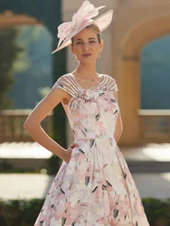 Printing Satin Mother of the Bride Dresses 2023 Cap Sleeves Pink Wedding Guest Gowns HI-Lo A-line Dress Women for Wedding Party
