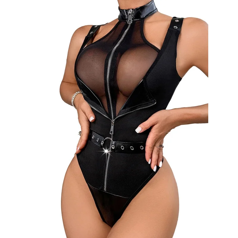 

European and American sexy mesh leather see through splicing jumpsuit, spicy girl hanging neck zipper split jumpsuit