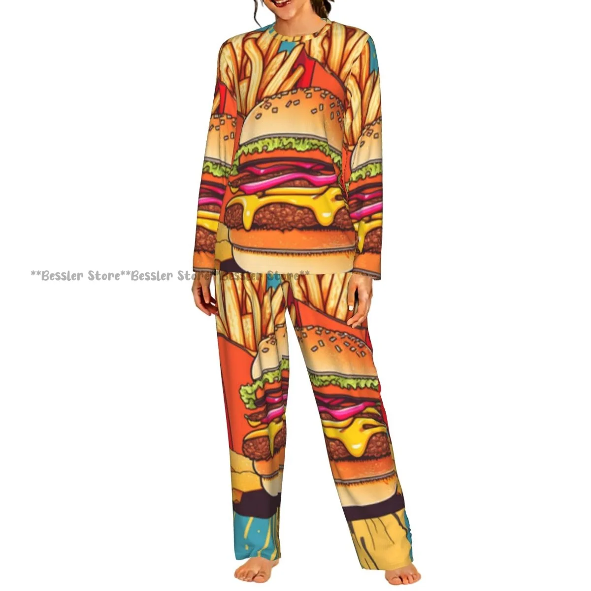 Women Round Neck Pajama Suit Long Sleeve Tops Long Pants Colorful Fast Food In Pop Art Ladies Nightwear Home Outfit