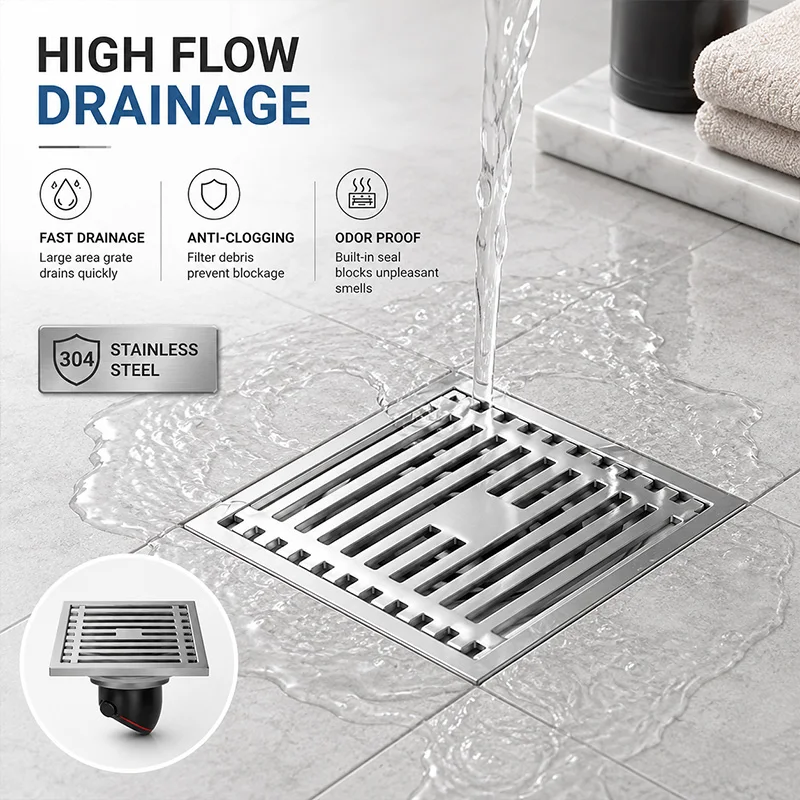 10x10cm Stainless Steel Square Floor Drain Grated Shower Waste Drainer Anti Odor Hair Strainer Bathroom Kitchen Wet Room Cover