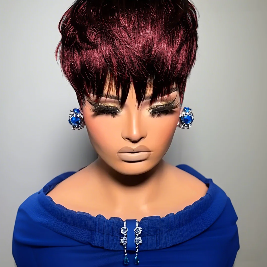

Short Pixie Cut Remy Human Hair Wig Straight Hair Wig With Bangs Machine Made Wig Perfect for Daily Wear & Parties