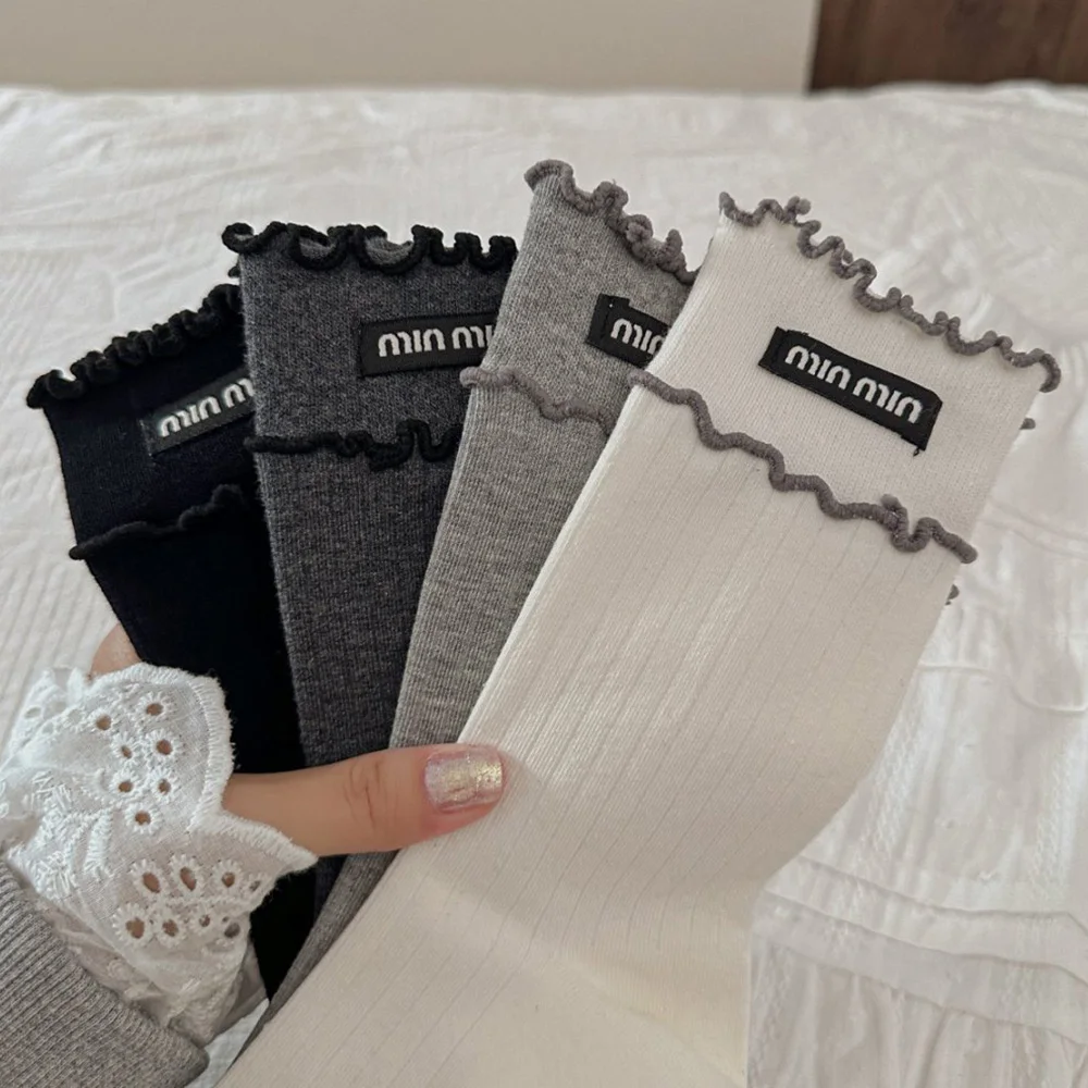 4 Pair Embroidered Women's Socks Cute Ruffled Edge Solid Color Long Korean Style Women Socks Autumn Winter Brand Designer Socks