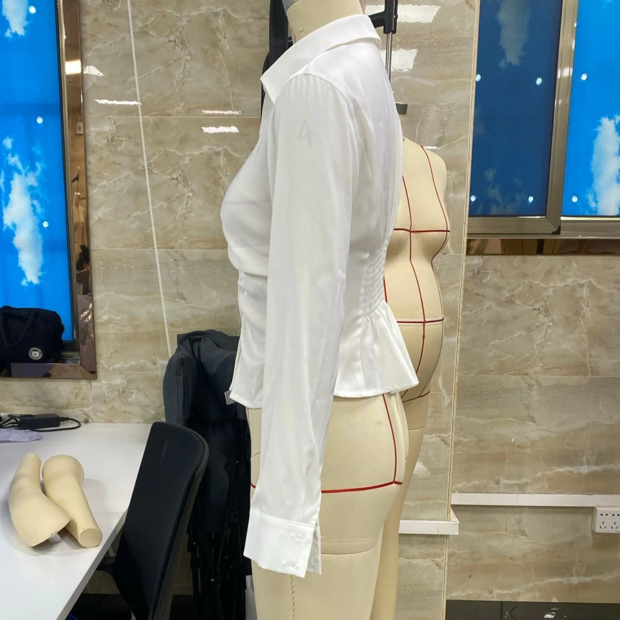 

Плиссированная однотонная приталенная элегантная блузка на пуговицах, осенние топы, классическая женская рубашка со складками, рубашка с длинным рукавом