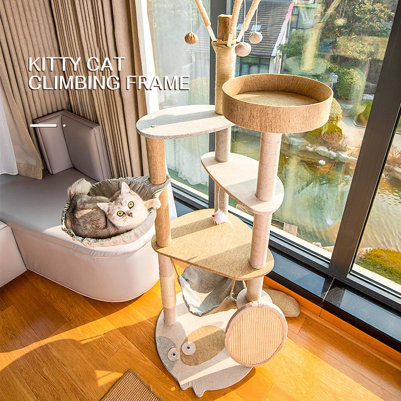 Multi-Level Ceiling Cat Tree Shelves, Wood Climbing Frame, Scratching Board Post, Sisal Pillar, Grinding Paws, Jumping Platform