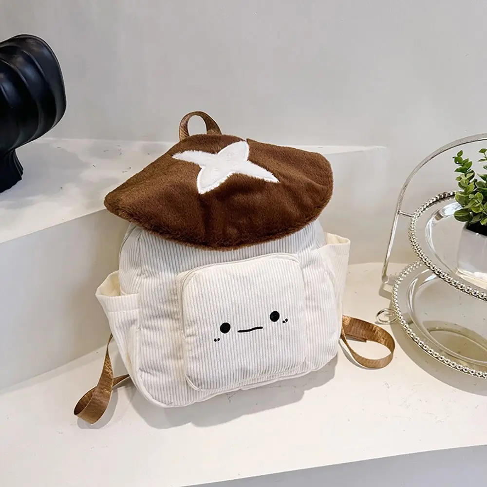 Kawaii Corduroy Cartoon Mushoom Backpack Star Dot Large Capacity Schoolbag Black Red Coffee Flip Cover Shoulder Bag School Use