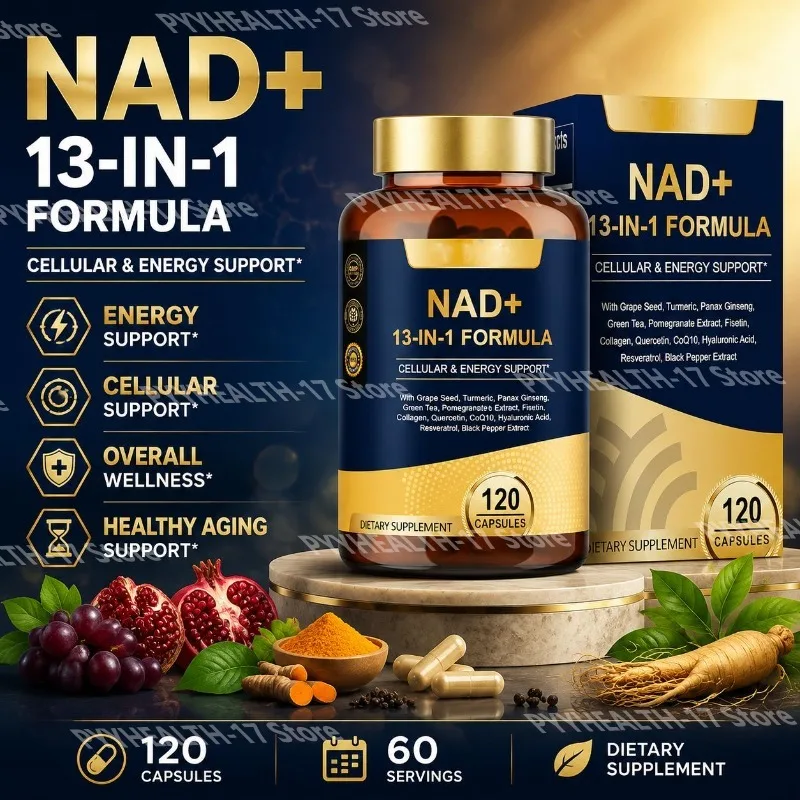 NAD+ Capsules 13-in-1 Formula for Cellular & Energy Support with CoQ10 and Hyaluronic Acid Grape Seed Turmeric Root 120 Capsules