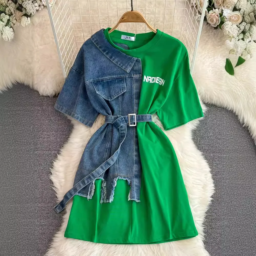 2025 New Harajuku Vintage Summer Denim Patchwork Short Sleeve T-Shirt O-neck Loose Contrast Color Jeans Tees Belted Jumpers Tops
