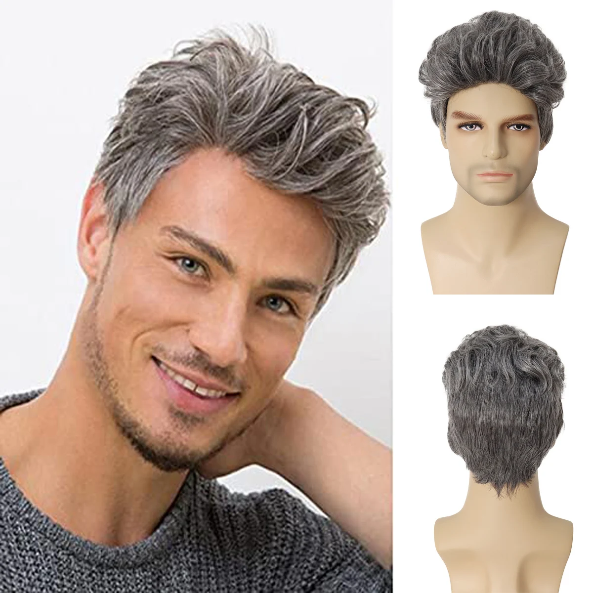 Peluca gris sintética para hombres, pelo corto y rizado, línea de cabello Natural, peinado esponjoso, peluca para padre, disfraz de Cosplay diario, fibra de Halloween