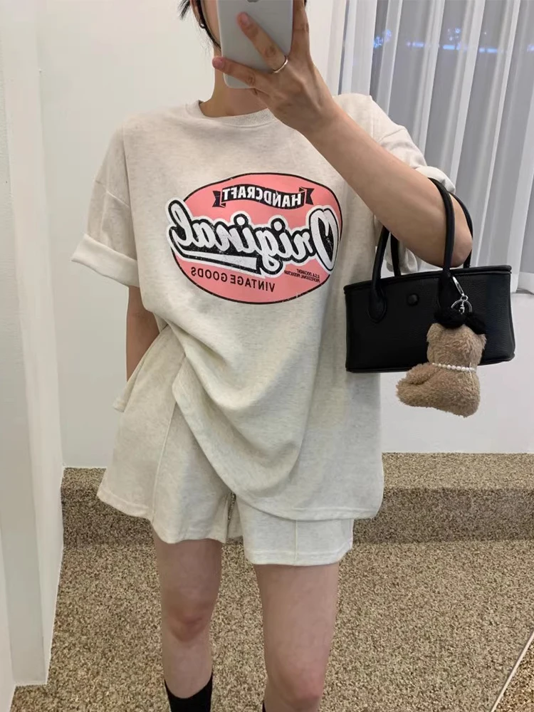 

Faionable, летняя Новое поступление, футболка и повседневный комплект с высокой талией и широкими штанинами, универсальный топ с буквенным принтом