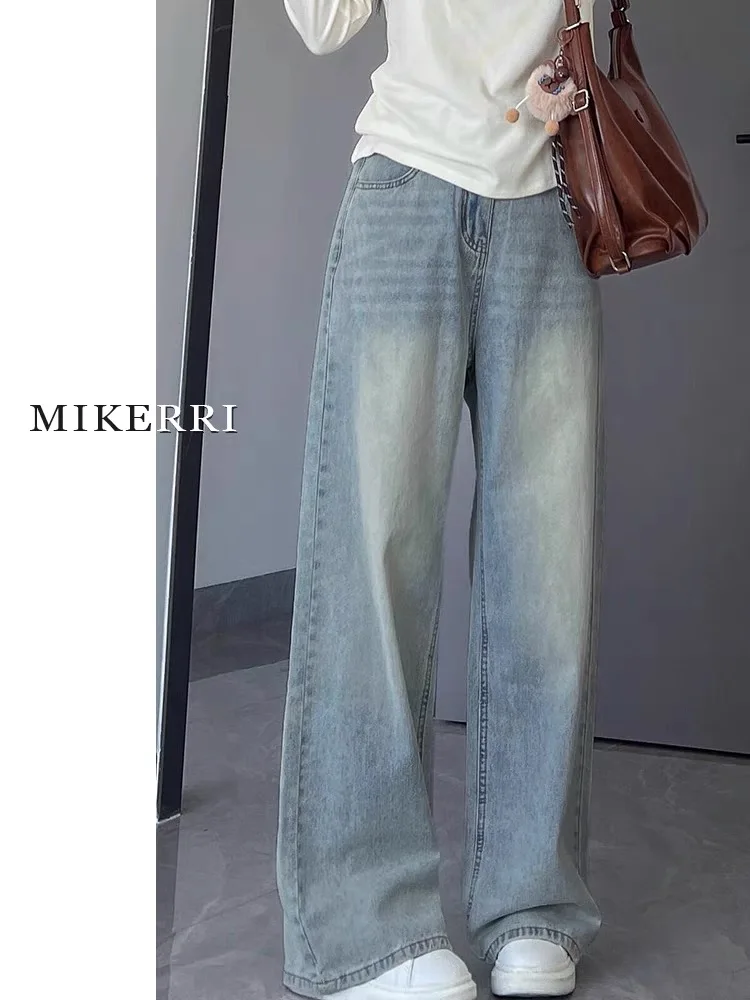 

Light Wash American Vibe Women's Fleece Lined Wide Leg Jeans High Waist Straight Cut Casual Trousers for Shorter Ladies