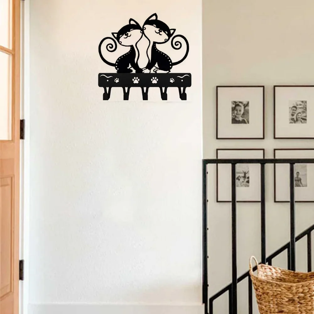 CIFBUY Twin Cats Key Rack Wall Mounted Metal Hook Artwork Cat Lovers Home Decor Hanging Organizer Entryway Gift Rustic Sign