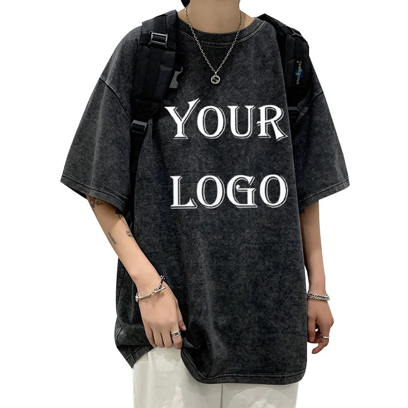 Custom Your Logo Hip Hop Streetwear Mens 100% Cotton T-Shirts Oversized Washed Top Tee Uni Summer Retro Brand Personalized