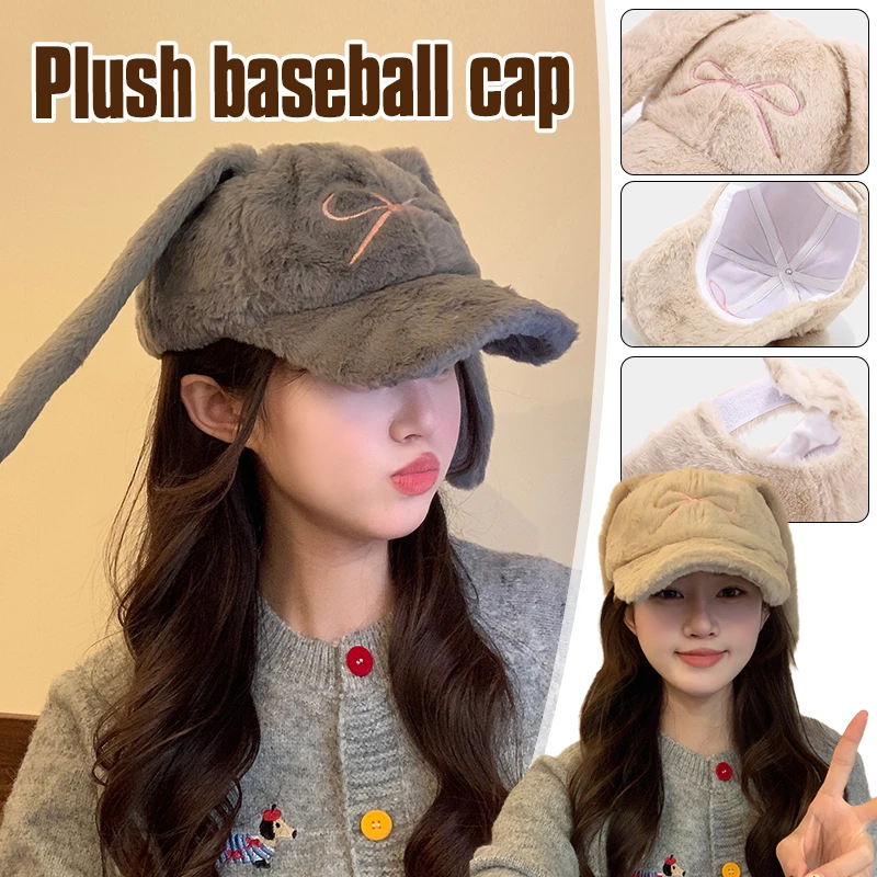 New Winter Warm Fluffy Baseball Cap Ladies Cute Bow Embroidery Long Rabbit Ears Plush Baseball Cap Fashionable Outdoor Headwear