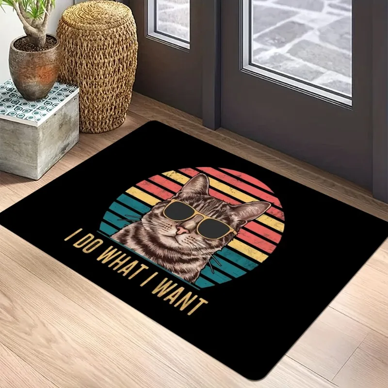 I Like Cats & Coffee Doormat - Black Cartoon Cat Print with Scarf Design Non-Slip Entrance Mat for Pet Lover Home Easy To Clean