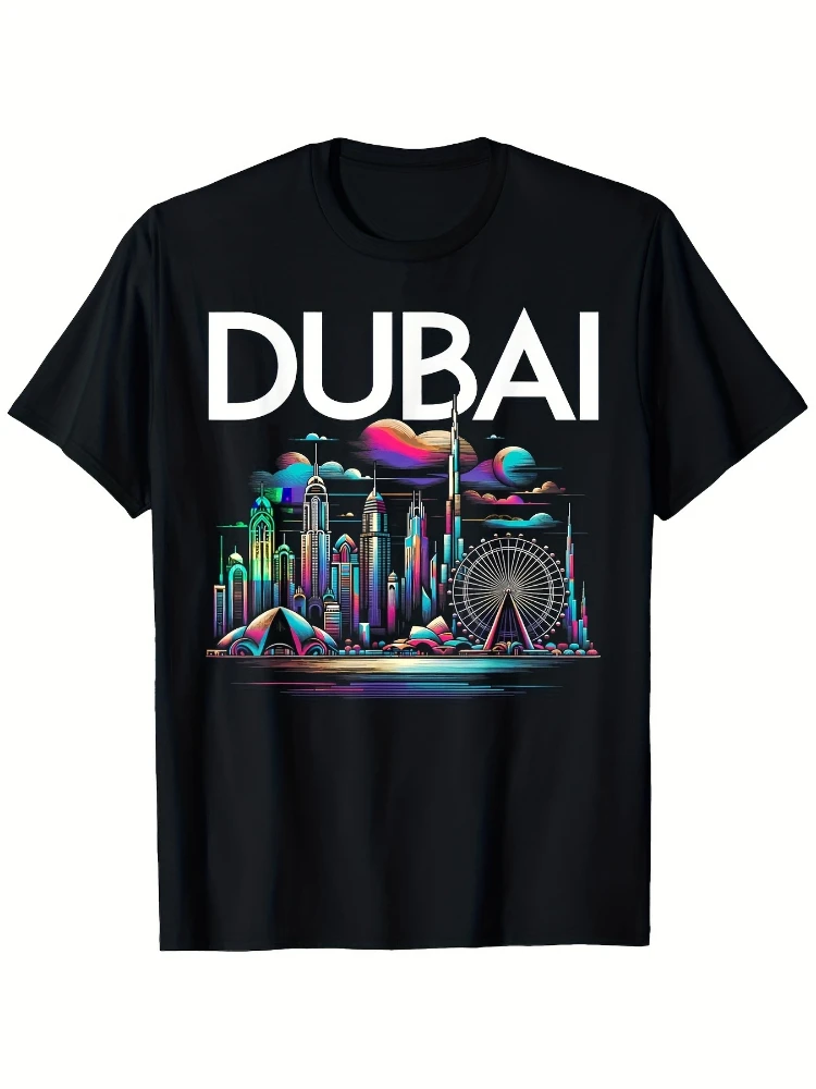 Dubai Skyline Graphic-Burj Khalifa&Ferris Wheel Design-con diseño Neon Dubai-Camiseta de hombre estampada con cuello redondo 100% algodón.