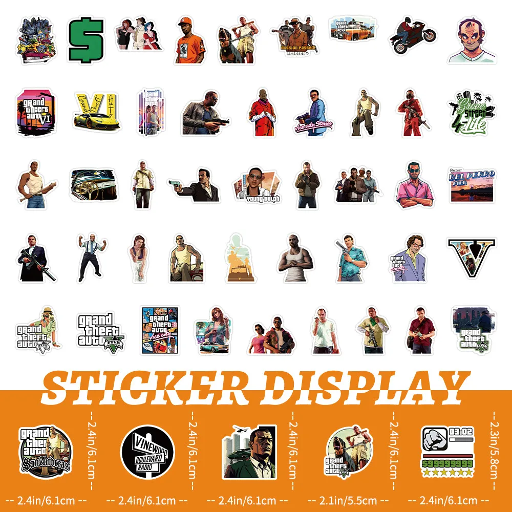 مجموعة ملصقات جرافيتي GTA للعبة Open-World المكونة من 53 ورقة - شارات موضوع ألعاب العالم المفتوح لهدايا أعياد الميلاد (متجر Anime Worlds)