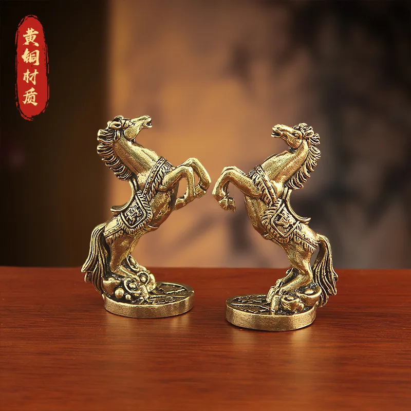 Pure brass figurine, a warhorse stepping on coins, antique-style tabletop ornament, zodiac horse, symbolizing wealth and p