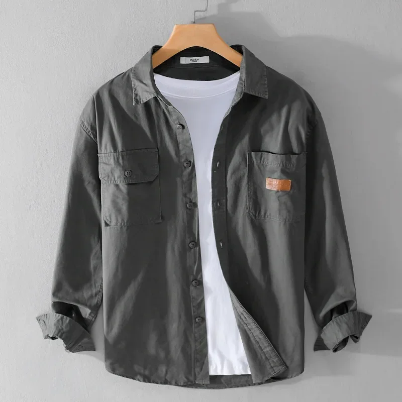 Japanese Retro Cargo Shirt Men Spring Fall New Mens Shirts Lapel Double Pockets Pure Cotton Long Sleeve Shirts Casual Clothing