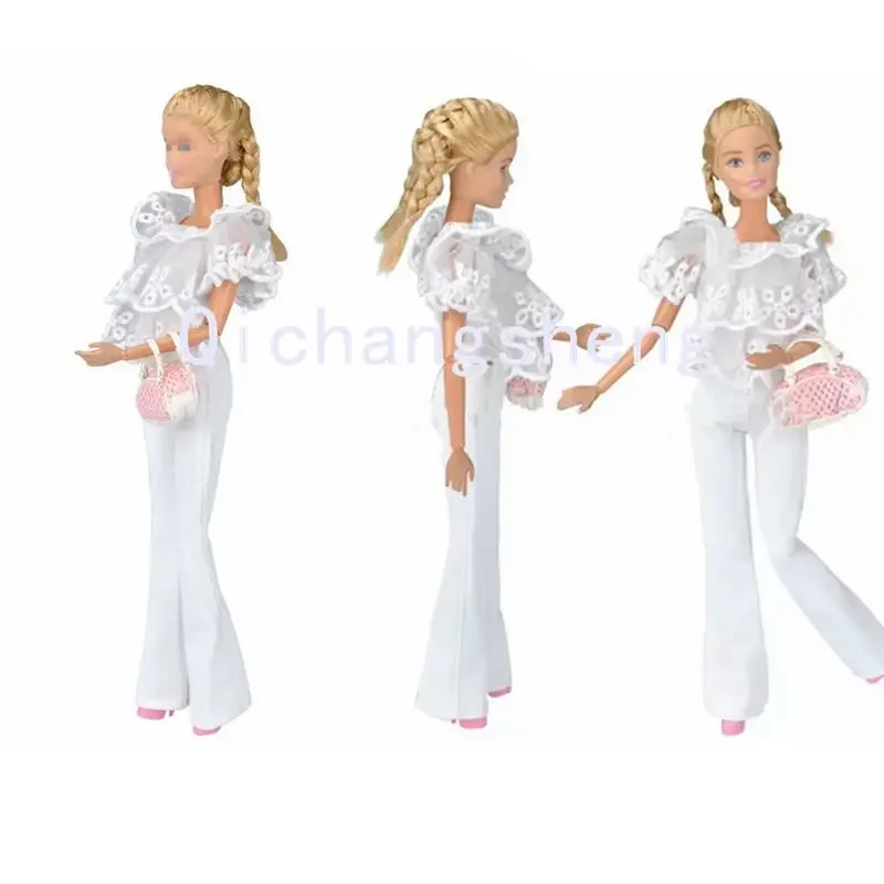 Classic White Multi Ruffle Top Pants 1/6 BJD Doll Clothes For Barbie Clothes Outfit Set Shirt & Trousers & Shoes & Bag Accessory