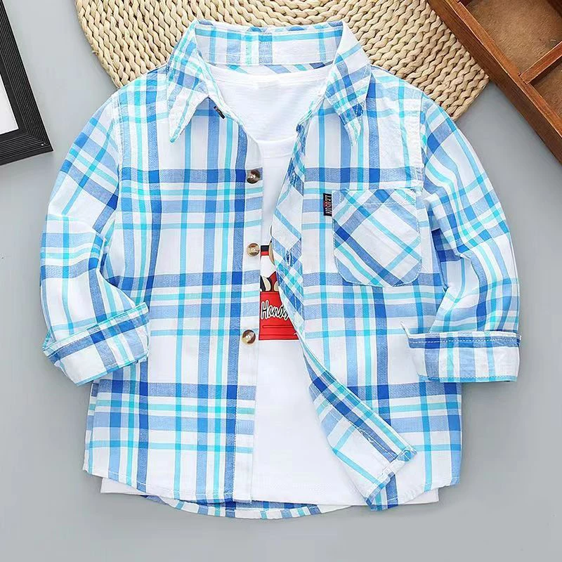 1-8Y Toddler Boys Shirt Spring Summer Cotton Plaid Printed Jacket Fashion Kids British Style Long Sleeve Shirt Children Clothing