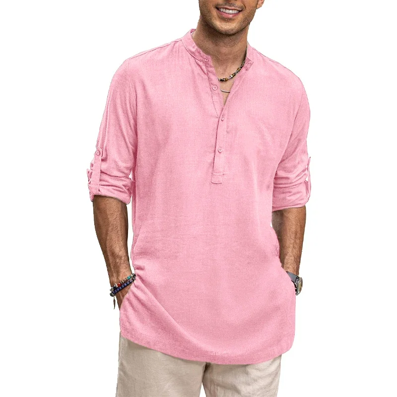 남성용 새 코튼 오버사이즈 셔츠 캐주얼 셔츠 경량 긴 소매 헨리 비치 셔츠 남성용 하와이 티셔츠