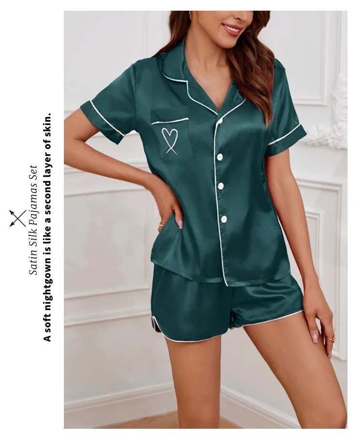 Damen-Pyjama-Lounge-Set, herzgestickte Tasche, Heimkleidung, Sommer-Kurzarmshirt und Shorts, Pyjama, 2-teiliges Set, Pyjama – Detail 5