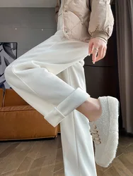 New 2023 Autumn Winter Chenille Pants For Women High Elastic Waist Gray Beige Or Black Streetwear Wide Leg Loose Velvet Trousers