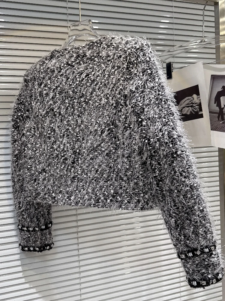 French Vintage Tweed Short Jacket Women Winter Elegant Rhinestone Shoulder Pad Knitted Wool Blazer Chic Black White Textured Top