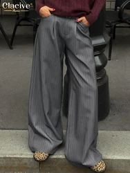 Clacive Fashion Loose Gray Stripe Women's Pants 2025 Elegant High Waist Wide Trousers Vintage Classic Full Length Pants Female