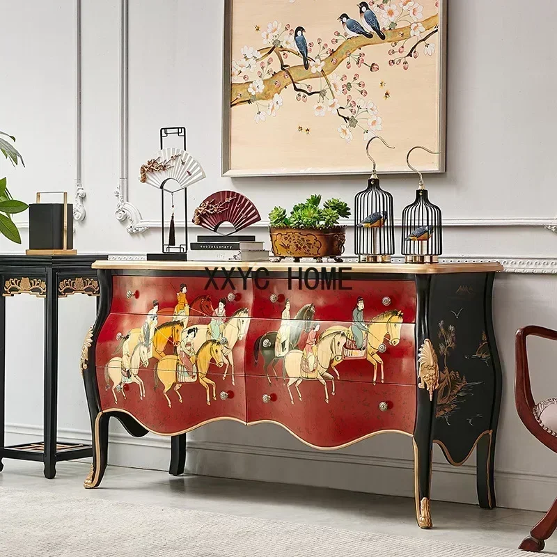 Household Solid Wood Chinese Red Retro National Trend New Chinese Hand Painted Character Living Room Lobby Hallway Cabinet
