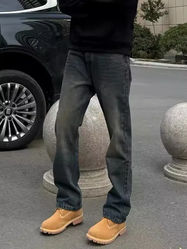 

Мужские джинсы в американском ретро-стиле, синие, на подкладке, осенне-зимние, облегающие, эластичные, узкие, прямые, в стиле High Street, расклешенные брюки