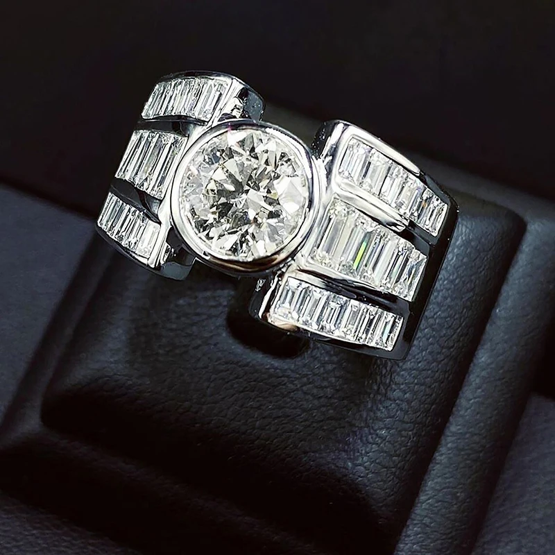 Huitan Geometric Cubic Zirconia Crystal Rings for Women Silver Color Gorgeous Wide Rings Wedding Party Modern Trendy Jewelry