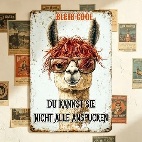 Vintage Aluminium Tin Sign, Funny Alpaca with Sunglasses 