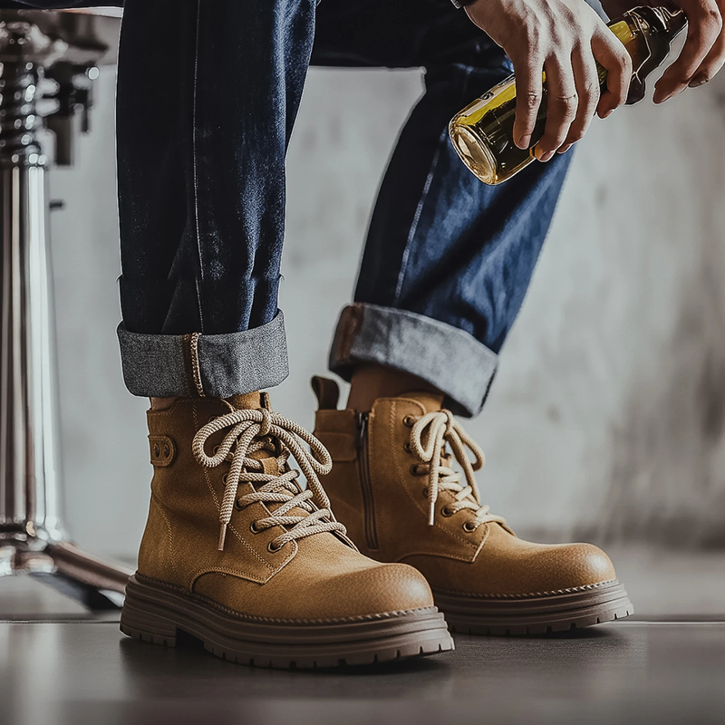 Owl City Men's Genuine Leather  Boots High Top Work Boots British Style Retro Fashion Boots Wear Resistant round Toe