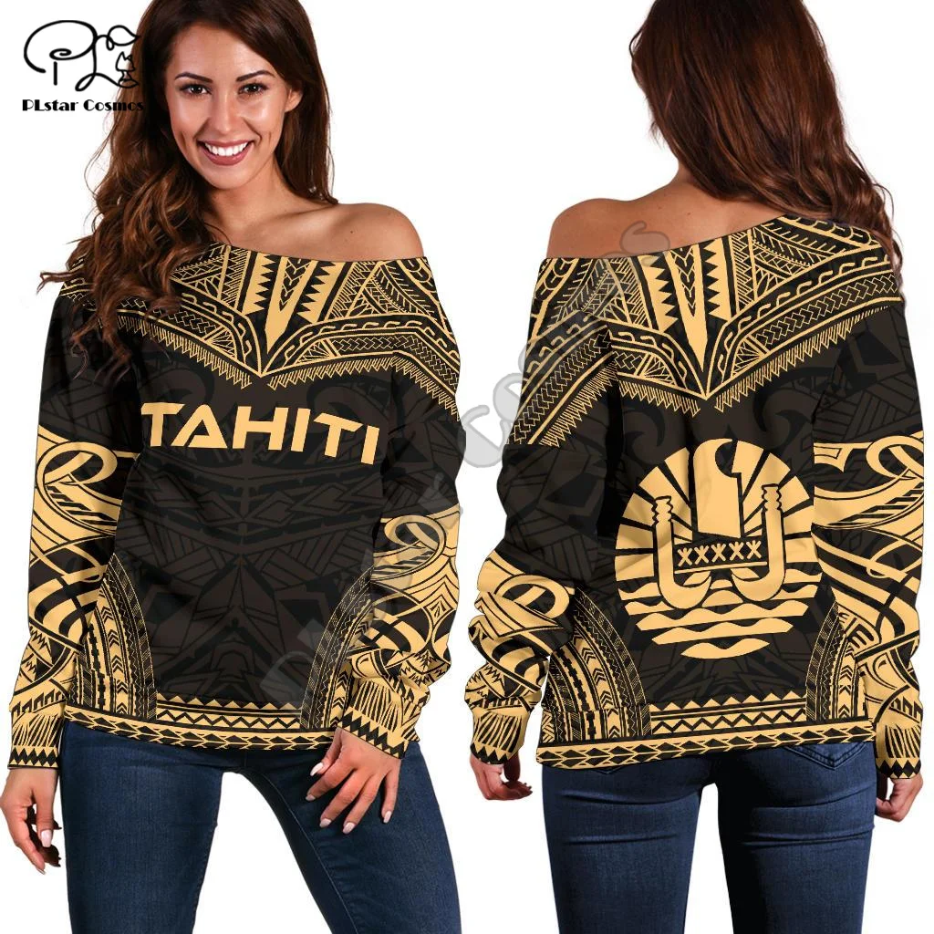 Tahiti Country Island Feel Tattoo Tribal 3DPrint for Women, Casual Harajuku, Off Initiated PVD, Long Sleeves, X5