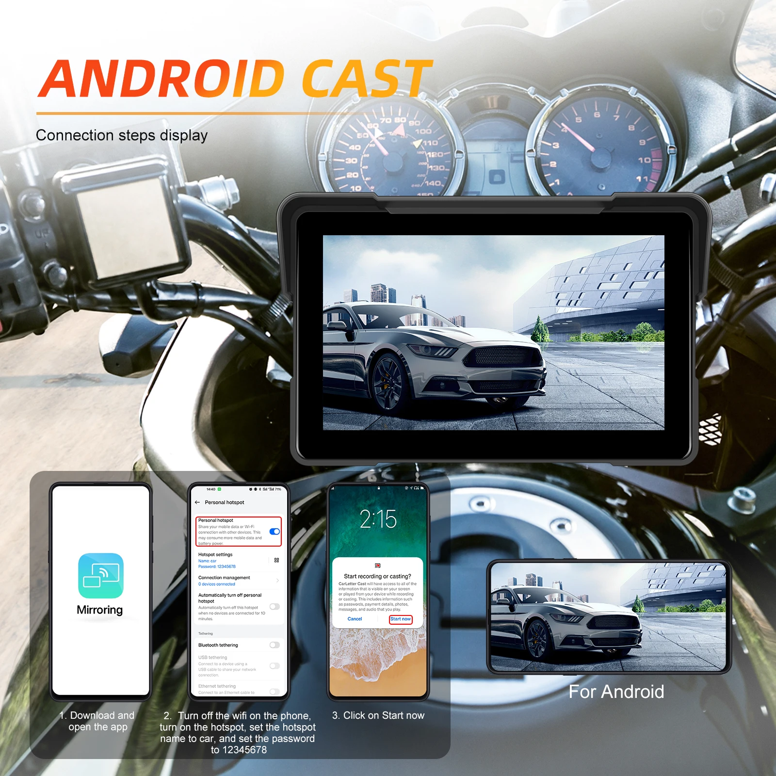 Podofo 7 Zoll Motorrad-DVR-Navigation Drahtloses CarPlay Android Auto Motorrad-Monitor Tragbarer Smart Player IP67 Wasserdicht