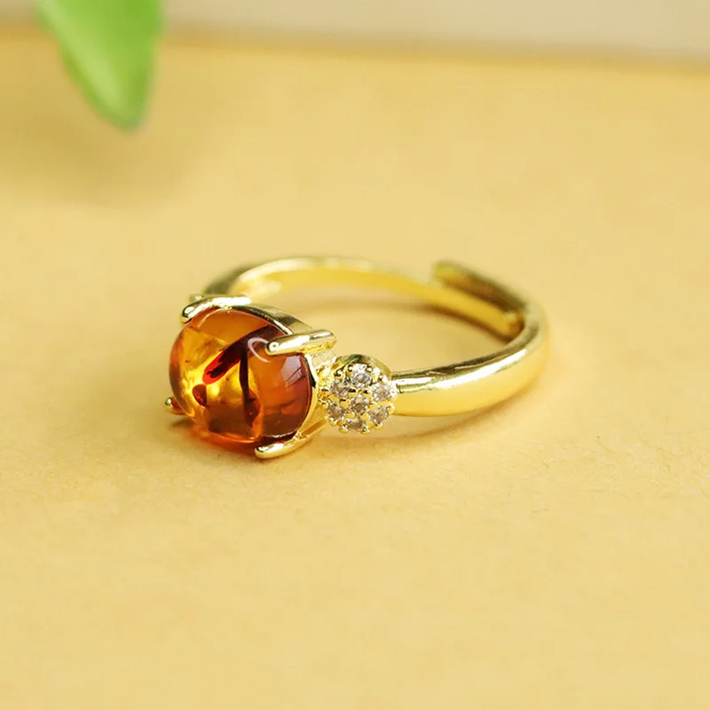 Natural Amber Ring Flower Ring Finger Ring Jewelry Women