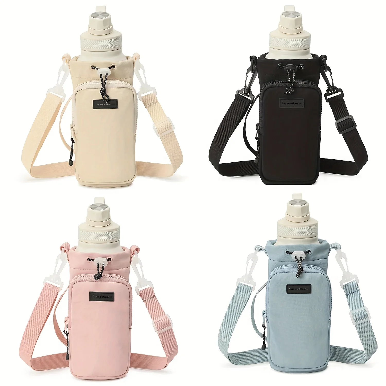 Nylon Water Bottle Carrier Bag with Shoulder Strap, Square Hand Wash Only, Shatterproof PVC-Free Single Pocket Crossbody Pouch w