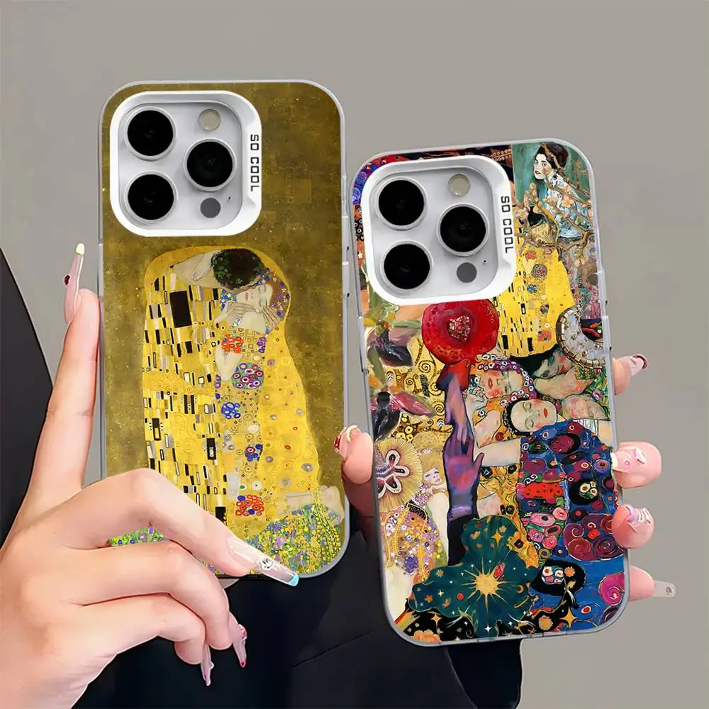 

G-Gustav Kiss K-Klimt Phone Case For iPhone 16,15,14,13,12,11,Pro,Max,Plus,Mini,XS,SE Anti Fall Gray White Matte Hard Bumper