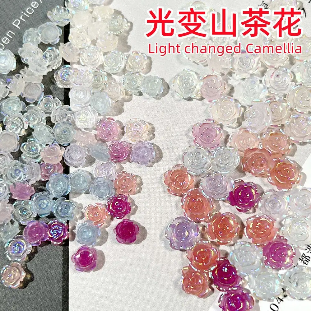 100Pcs 3D Acrylic  Light Changed Flowers Nail Charms Auroras Camellia  Jewelry  Tips Deco