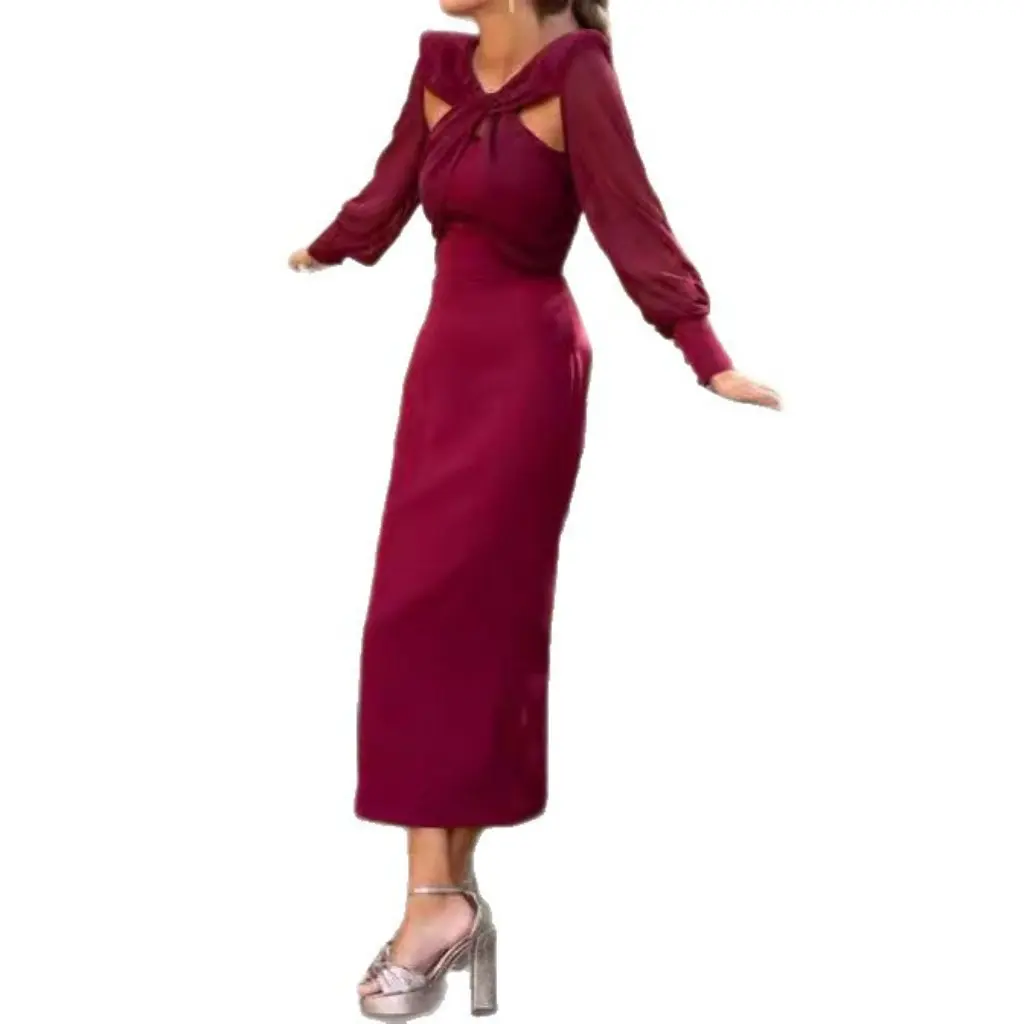 Elegante damesjurk met gedraaide holle chiffonmouwen, halflange avondjurk in Europese en Amerikaanse stijl