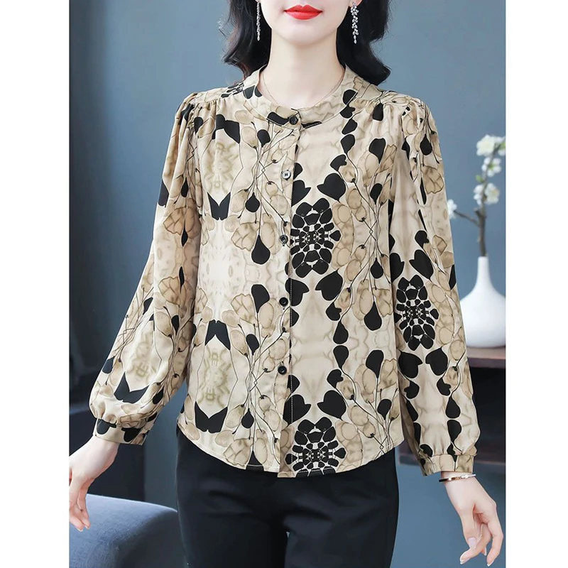 2024 Autumn Women\'s Vintage Fashion Print Button Up Shirt Office Lady Elegant Stand Collar Blouse Casual Long Sleeve Loose Tops