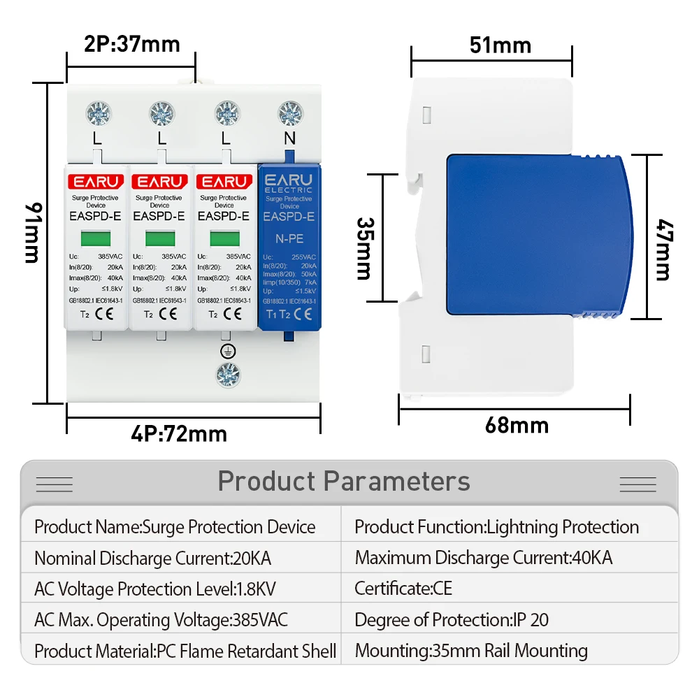 2P 4P AC SPD 1P+NPE 20KA 40AK 50KA T1 T2 275V 385V House Surge Protector Protective Low-voltage Arrester Device