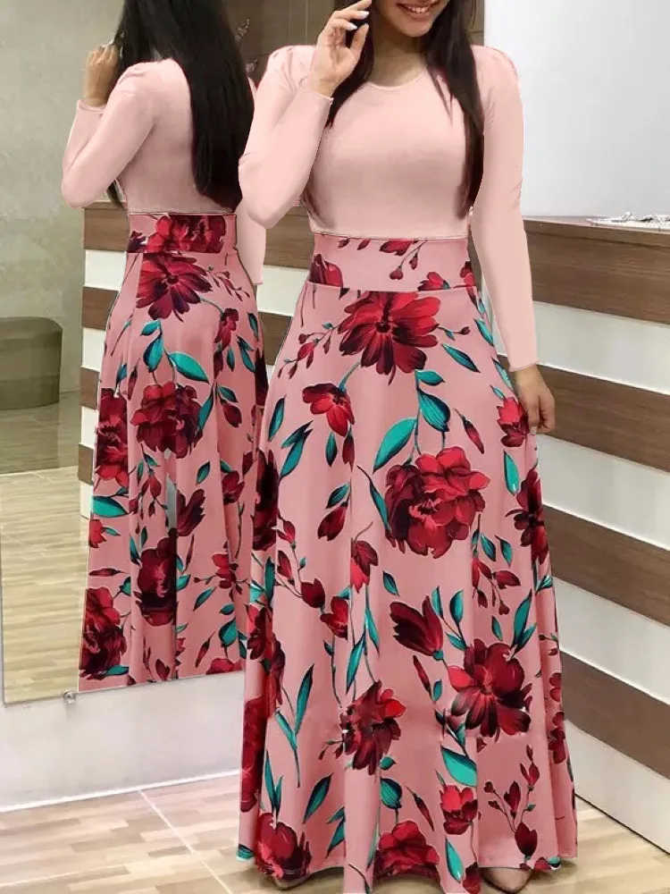 Autumn hot selling European and American flower color matching dresses, long dresses, women's clothing in stock