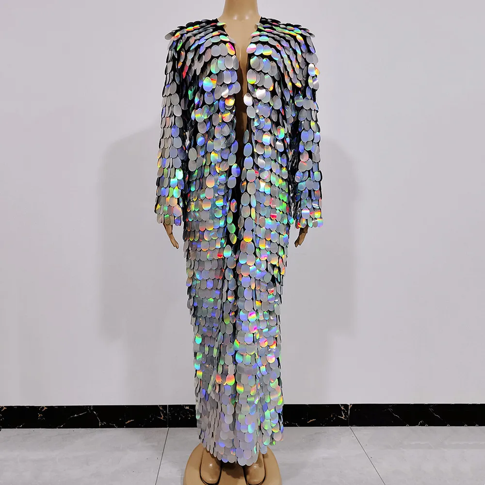 

Halloween Party Sparkly Silver Sequins Mesh Cloak Long Coat Women Drag Queen Costume Carnival Nightclub Show Singer Stage Wear