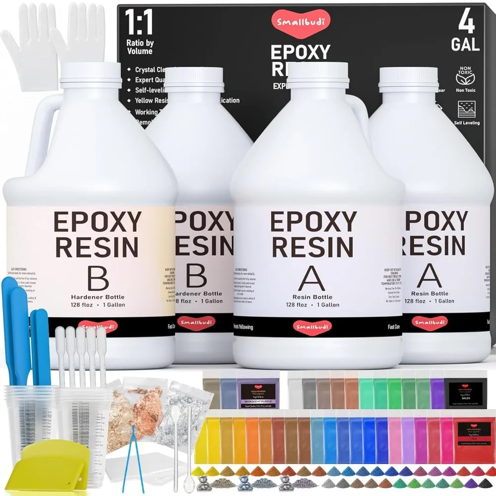 Kit Resin epoksi 4 galon untuk pemula, perlengkapan Resin dengan 72 bubuk mika, serpihan Foil, cangkir pengukur, Stik-epoksi Resin