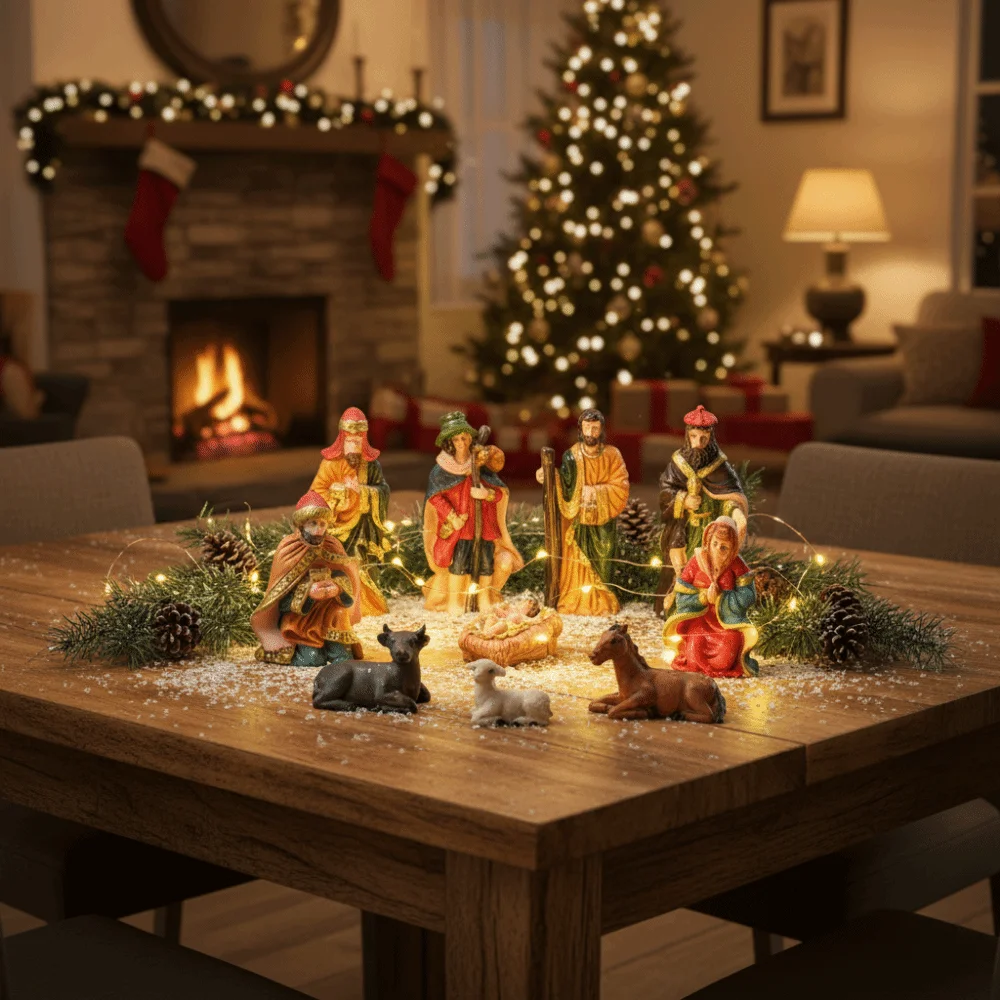 10Pcs/Set Resin Nativity Stable Ornaments Vintage Tabletop Display Christmas Manger Scene Empty Stable Home Decoration